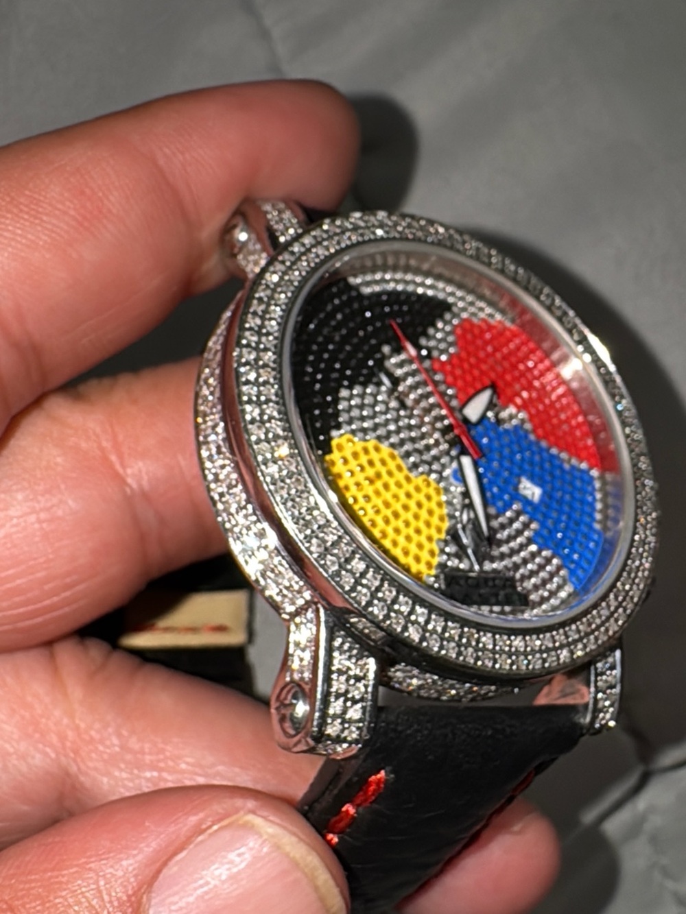 Men's Multi-Color Pavé Dial Leather Strap Watch